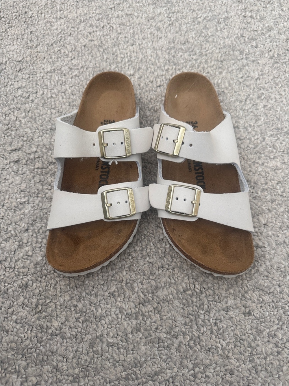 Birkenstock White Double-Strap Sandals with Gold Buckles size 6